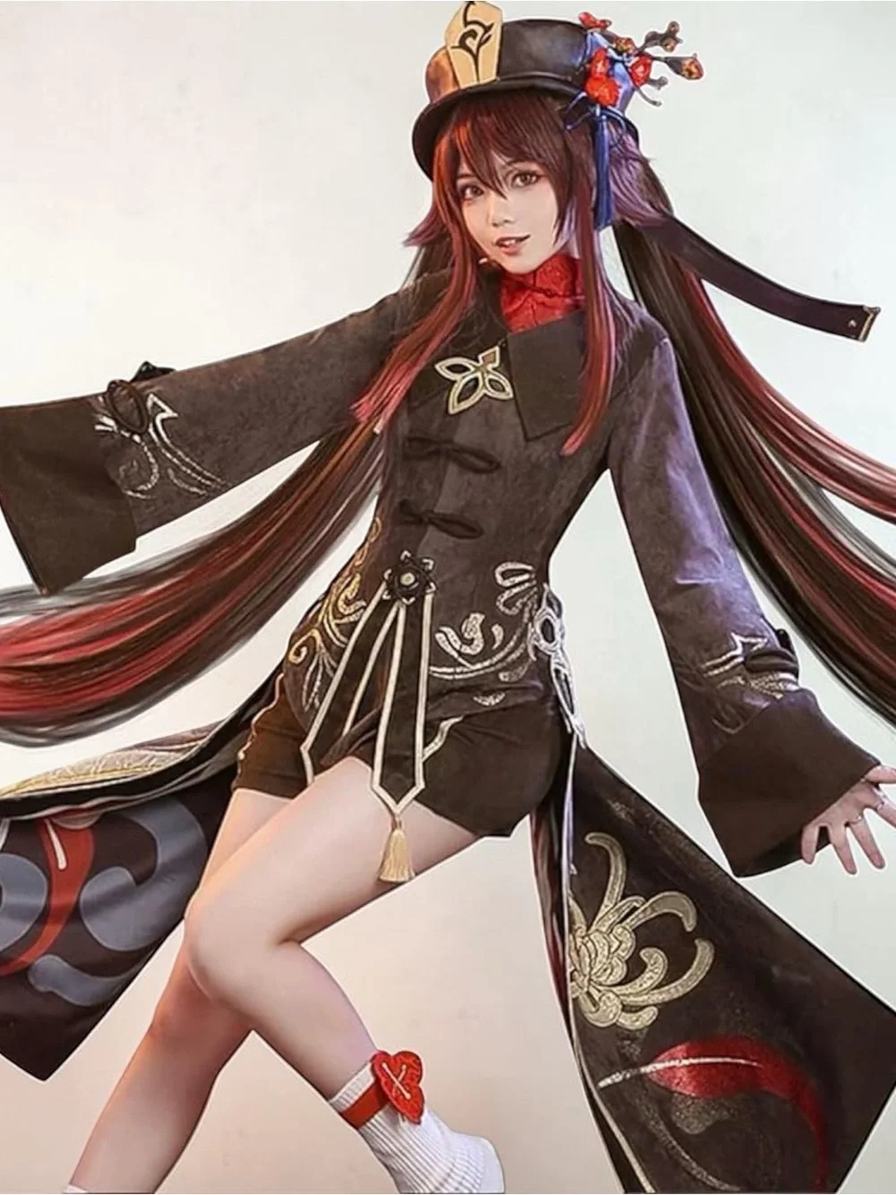 Hu-Tao Halloween Costume. Animation Woman set. Wig, hat, coat, shorts